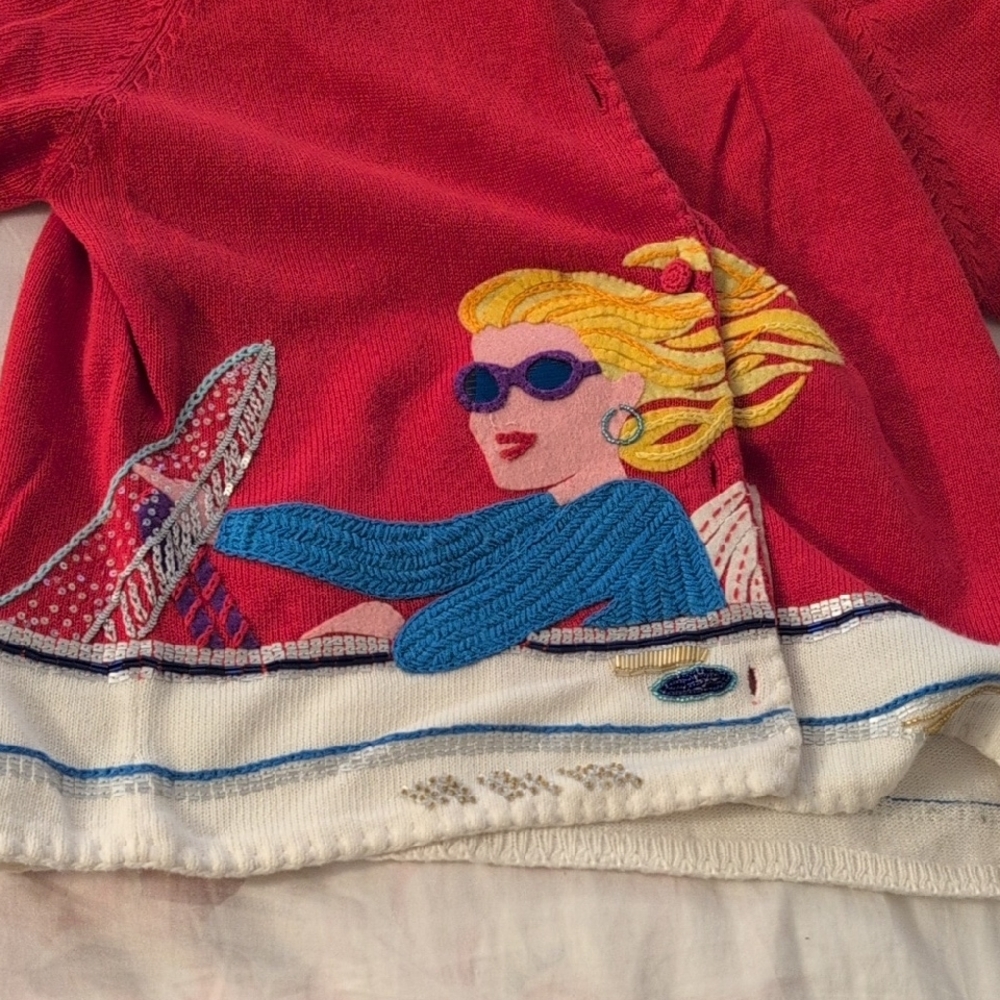 Michael Simon Red Cardigan with Graphic Design - Picture 9 of 13